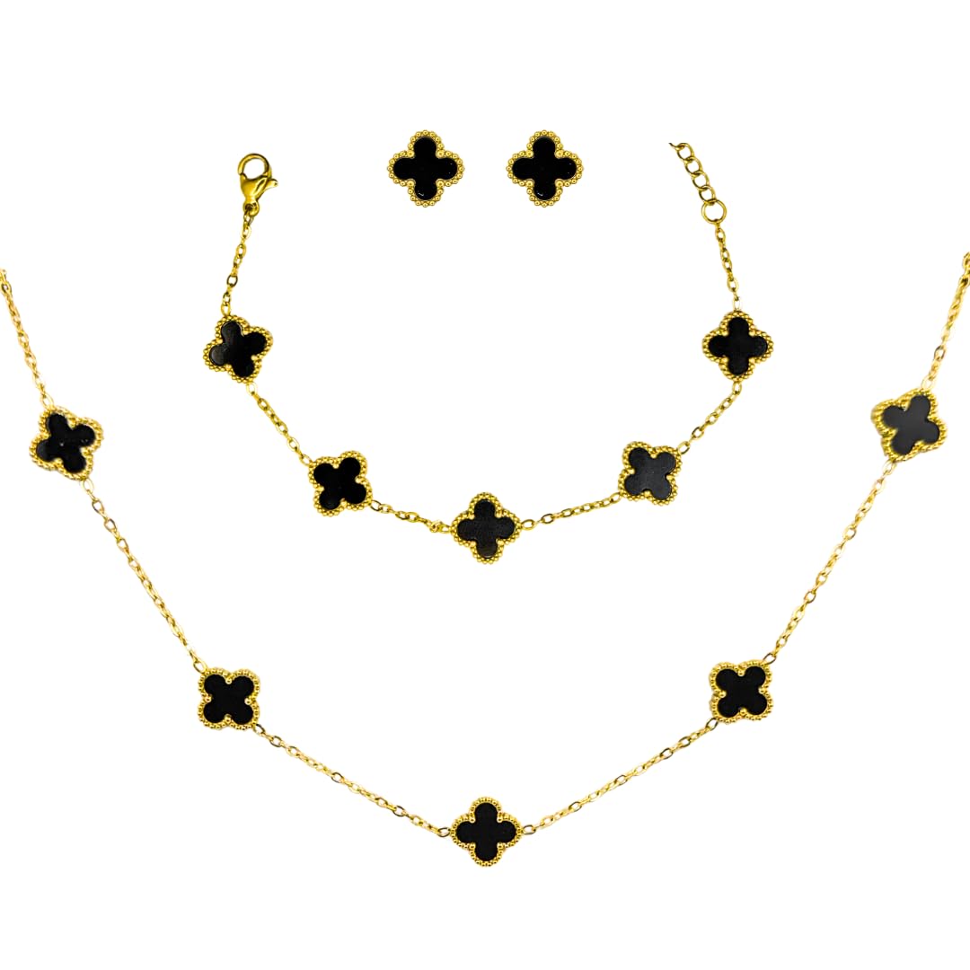 Kit Colar Choker Pulseira E Brinco Trevo Preto Gargantilha Sorte Luxo Elegante Virginia Aço Inox Dourado Inspire by Adriana