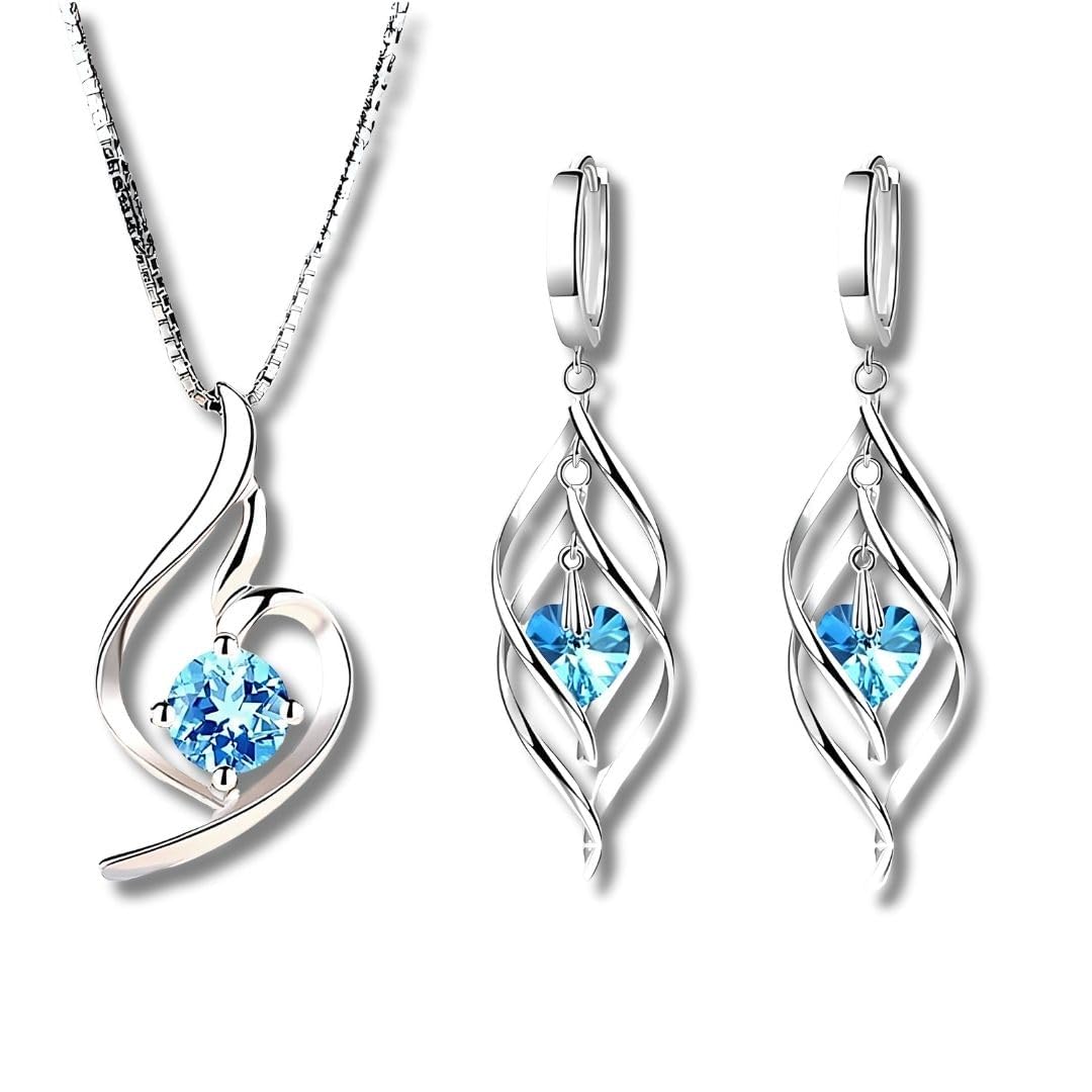 Conjunto Feminino "Esterlina Blue" com Colar e Brincos Banhados em Prata 925 – Semijoia com Pingentes de Zircônia Azul em Formato de Coração – Elegância e Sofisticação para o Dia a Dia