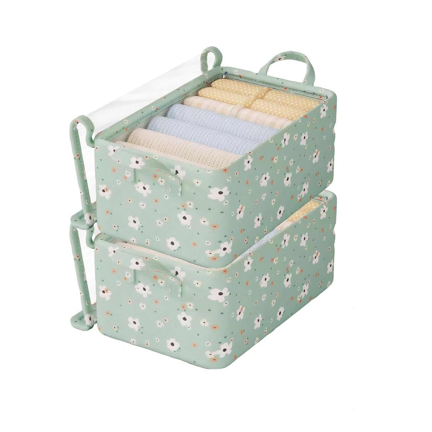 Kit com 2 Caixas Organizadoras Floral Verde, Tampa Transparente e Estrutura de Aço - Oxford Resistente, Organização Prática para Quarto, Closet e Casa