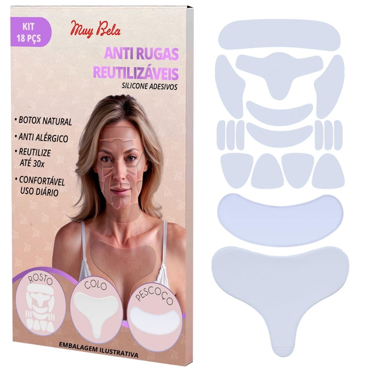 Kit Adesivo Anti Rugas em Silicone para Rosto, Colo e Pescoço, 18 Peças, Reutilizável e Lavável, Skin Care