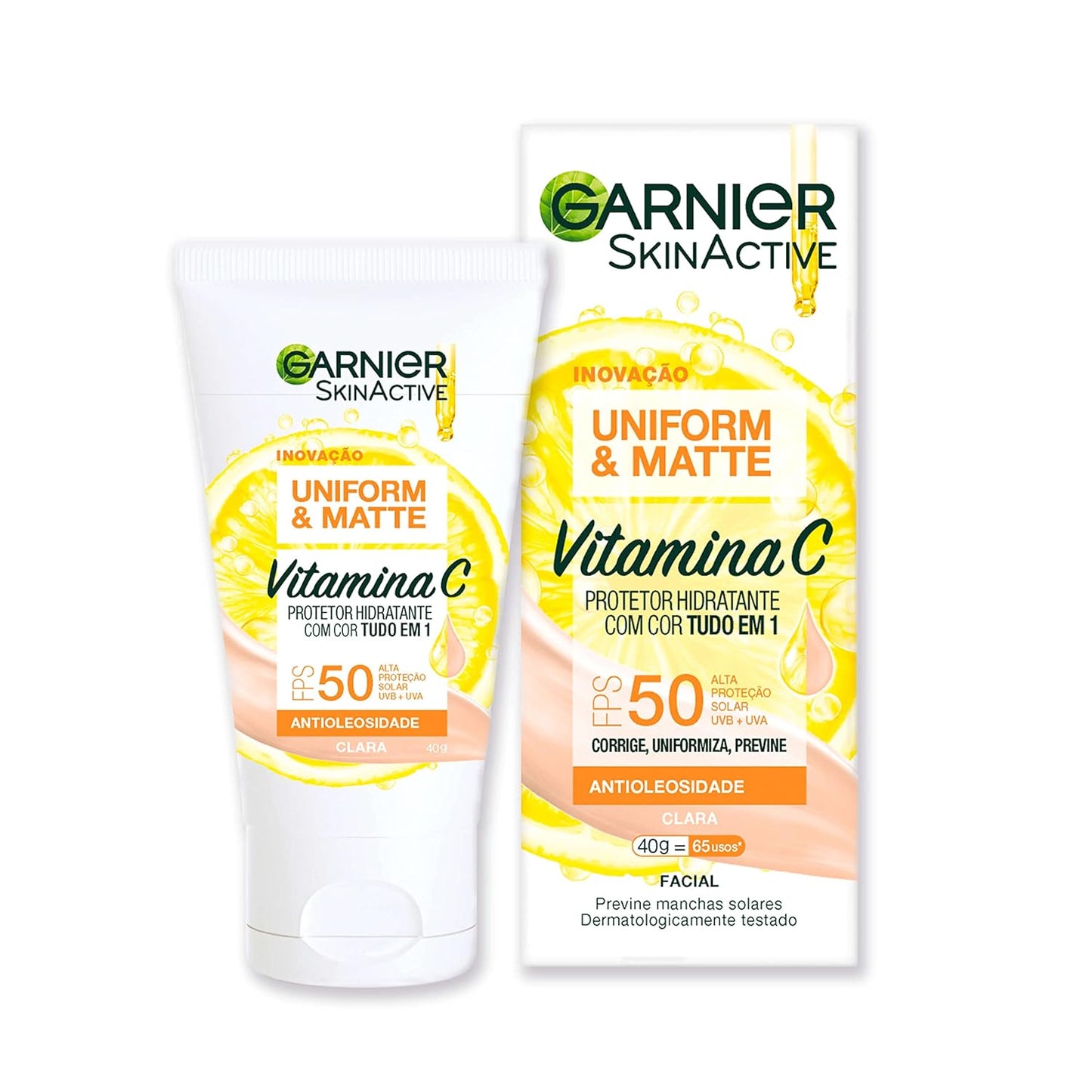 Garnier Skinactive Uniform & Matte Protetor Solar Hidratante Facial com Vitamina C, Efeito Matte Antioleosidade, Reduz e Previne Manchas, Tecnologia Camaleão, Cor Clara, 40g