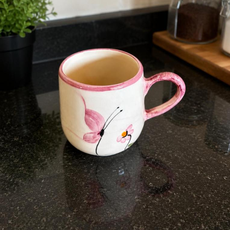 Caneca Bojuda Café Chá 250ml De Cerâmica Decorada Borboleta Pintada A Mão
