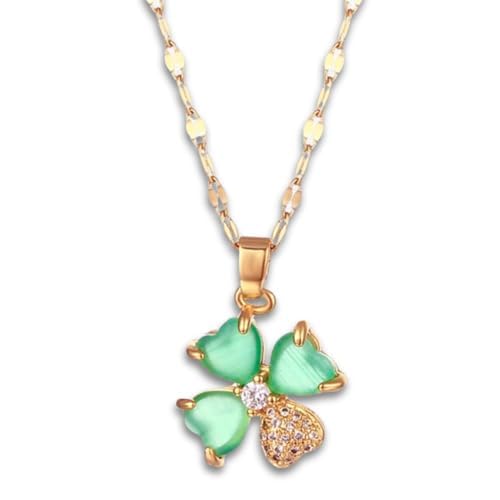 Colar Feminino Trevo de Quatro Folhas - "Emerald Hope" em Aço Inoxidável Banhado a Ouro 18K com Zircônia Verde – 40cm
