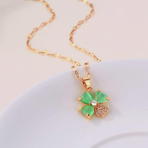 Colar Feminino Trevo de Quatro Folhas - "Emerald Hope" em Aço Inoxidável Banhado a Ouro 18K com Zircônia Verde – 40cm