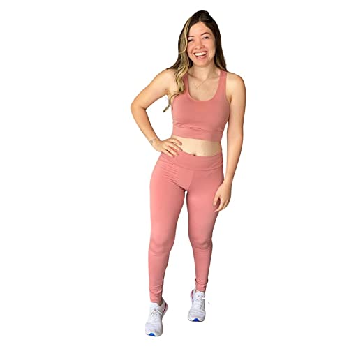 Conjunto Fitness Academia Feminino Calça Legging e Top Sem Bojo (M 38/40, Rose)