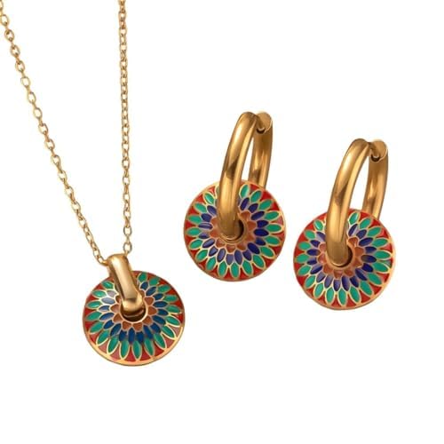 Conjunto Feminino ¨Talavera¨ em Aço Inoxidável – Brincos com Pingente Removível, Corrente 45cm – Cores Vibrantes, Estilo e Versatilidade – Acompanha Bolsa de Veludo