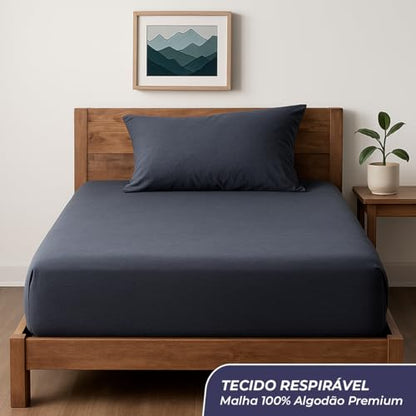 Decolab Jogo de Lençol Malha 100% Algodão Extra Macio - Roupa De Cama Antiácaro, Inclui Lençol Com Elástico (Forro) E Fronhas (Azul-marinho, Solteiro Simples)