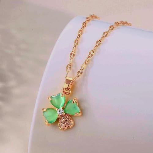 Colar Feminino Trevo de Quatro Folhas - "Emerald Hope" em Aço Inoxidável Banhado a Ouro 18K com Zircônia Verde – 40cm