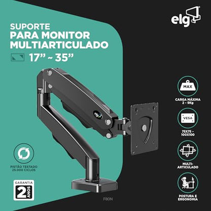 ELG, F80N, Suporte Articulado de Mesa, Pistão a Gás, Design Compacto e Retrátil, Ergonômico, Monitores 17'' a 35'', 2kg a 9kg, Preto