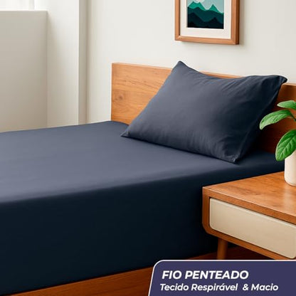 Decolab Jogo de Lençol Malha 100% Algodão Extra Macio - Roupa De Cama Antiácaro, Inclui Lençol Com Elástico (Forro) E Fronhas (Azul-marinho, Solteiro Simples)