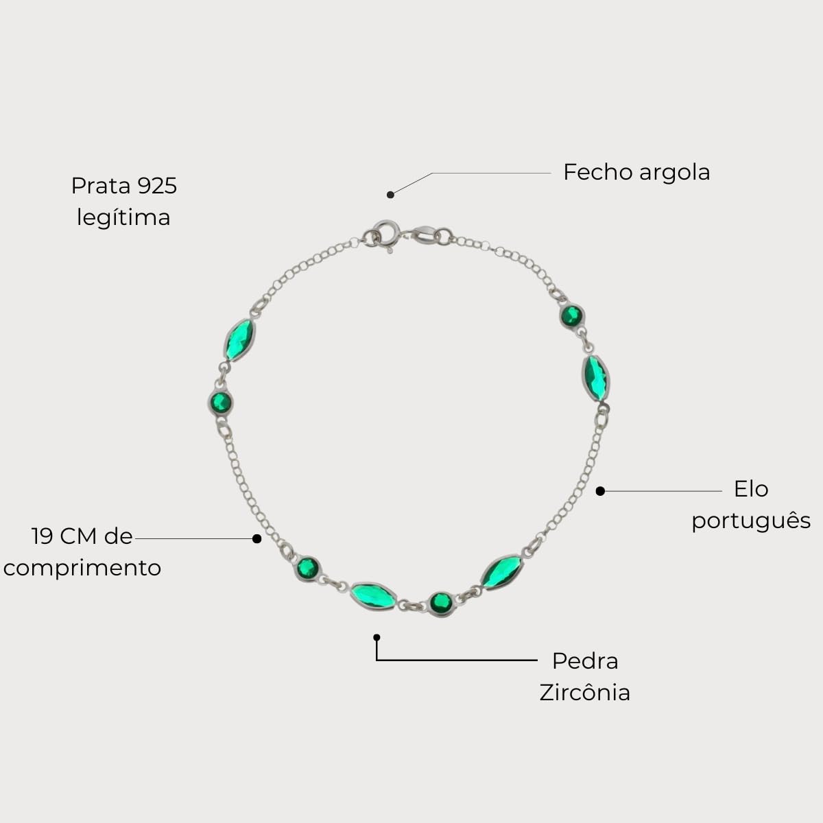 Pulseira Feminina Pontos de Luz Navete 19 cm Prata Hipoalergênica (Verde)