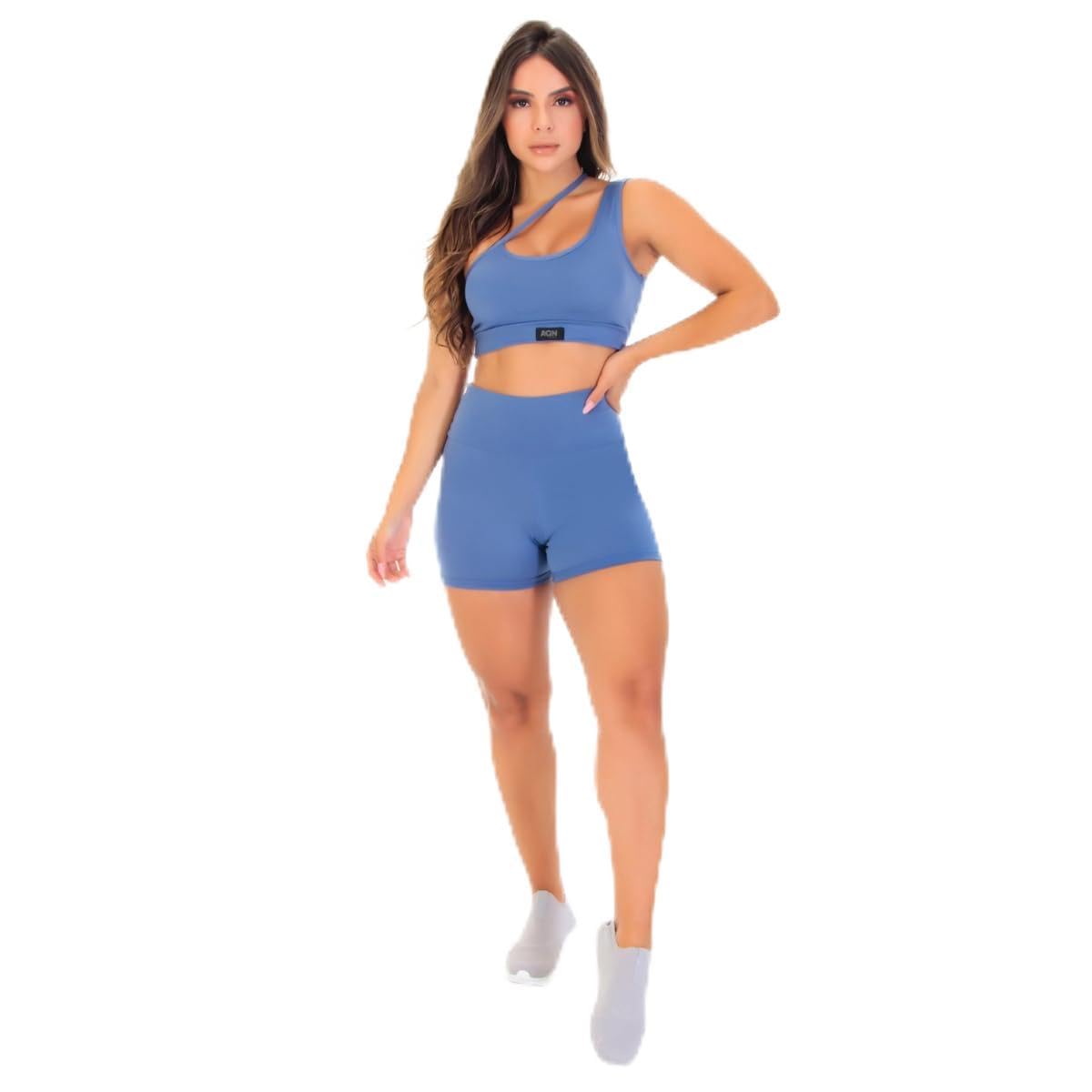 Conjunto Fitness Feminino Grace Alça Lateral com Top Forro Duplo e Short Cós Alto – Zero Transparência Alta Elasticidade e Tecnologia Anti Pilling – Brazilian Fitness AQN (Padrão, Azul Atalaia, GG)