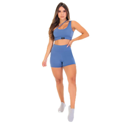 Conjunto Fitness Feminino Grace Alça Lateral com Top Forro Duplo e Short Cós Alto – Zero Transparência Alta Elasticidade e Tecnologia Anti Pilling – Brazilian Fitness AQN (Padrão, Azul Atalaia, GG)