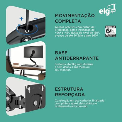 ELG, F80N, Suporte Articulado de Mesa, Pistão a Gás, Design Compacto e Retrátil, Ergonômico, Monitores 17'' a 35'', 2kg a 9kg, Preto