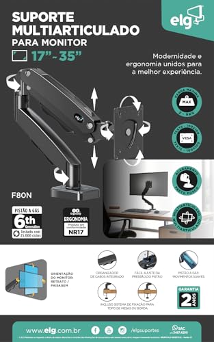 ELG, F80N, Suporte Articulado de Mesa, Pistão a Gás, Design Compacto e Retrátil, Ergonômico, Monitores 17'' a 35'', 2kg a 9kg, Preto