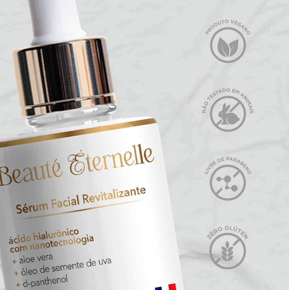 Sérum Facial Hidratante e Revitalizante Rejuvenescedor Beauté Éternelle 30 ml com Ácido Hialurônico (Aloe Vera, Óleo de Semente de Uva, D-panthenol, Vitamina E)