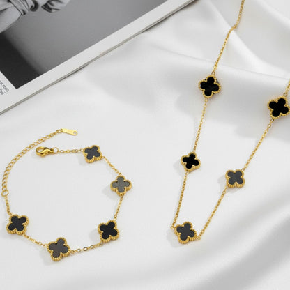 Kit Colar Choker Pulseira E Brinco Trevo Preto Gargantilha Sorte Luxo Elegante Virginia Aço Inox Dourado Inspire by Adriana