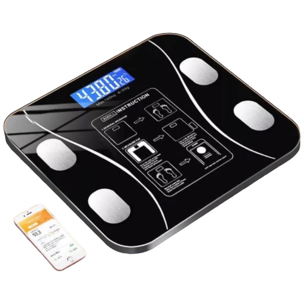 Balança Digital Bioimpedância Premium Bluetooth com App Saúde iOS Android para IMC Gordura Corporal Massa Muscular Massa Óssea Água Corporal Taxa Metabólica BMR Alta Precisão Vidro Temperado LED