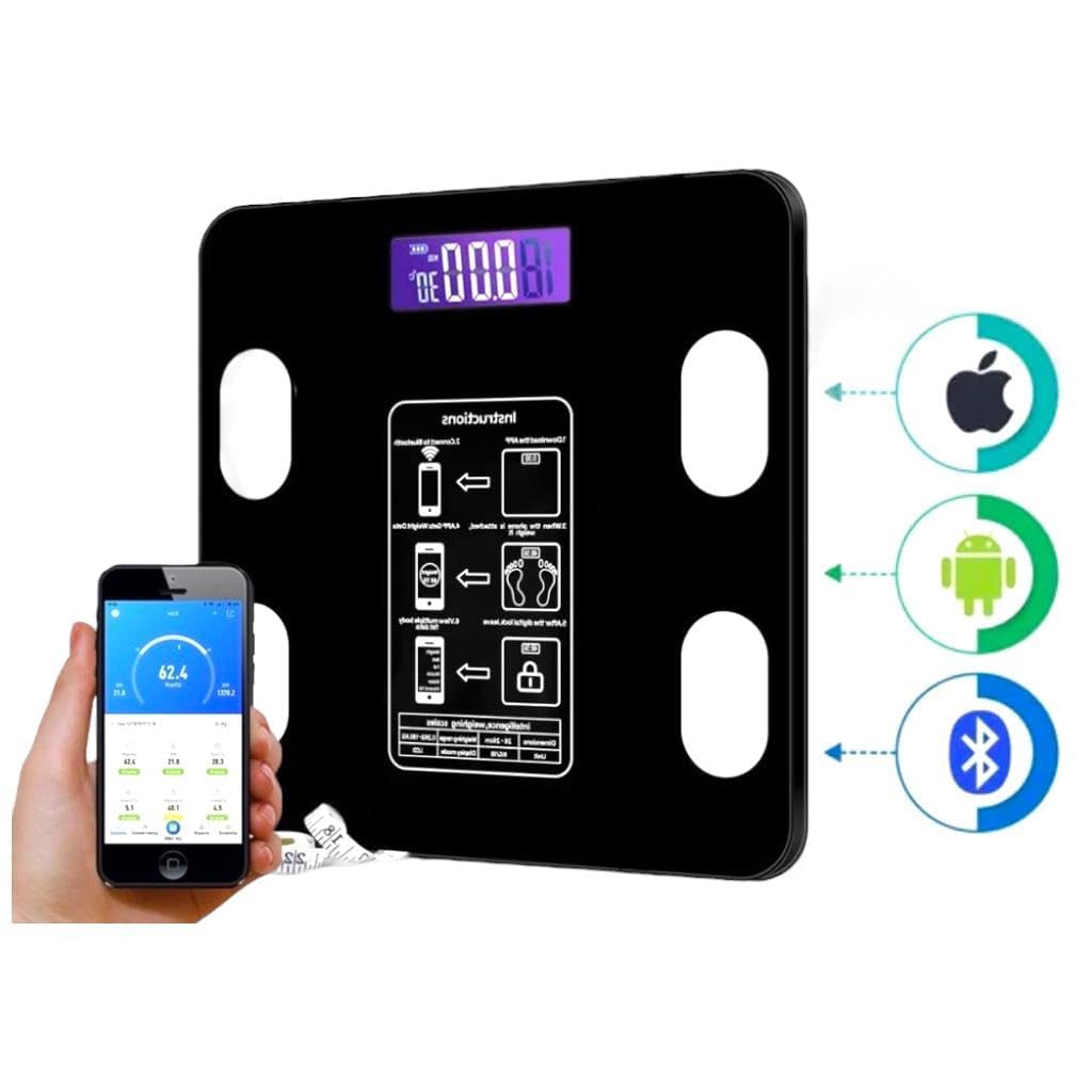 Balança Digital Bioimpedância Premium Bluetooth com App Saúde iOS Android para IMC Gordura Corporal Massa Muscular Massa Óssea Água Corporal Taxa Metabólica BMR Alta Precisão Vidro Temperado LED