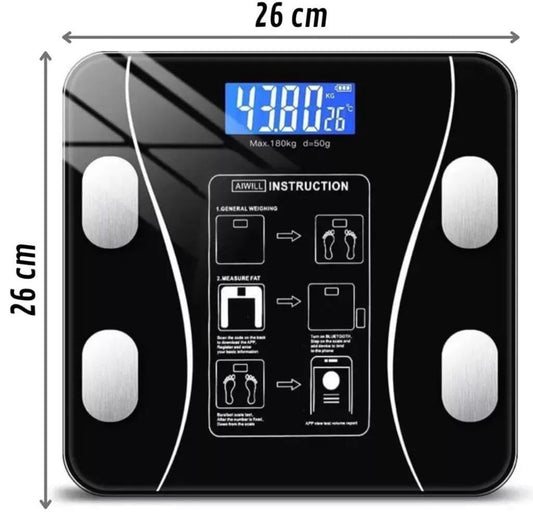 Balança Digital Bioimpedância Premium Bluetooth com App Saúde iOS Android para IMC Gordura Corporal Massa Muscular Massa Óssea Água Corporal Taxa Metabólica BMR Alta Precisão Vidro Temperado LED