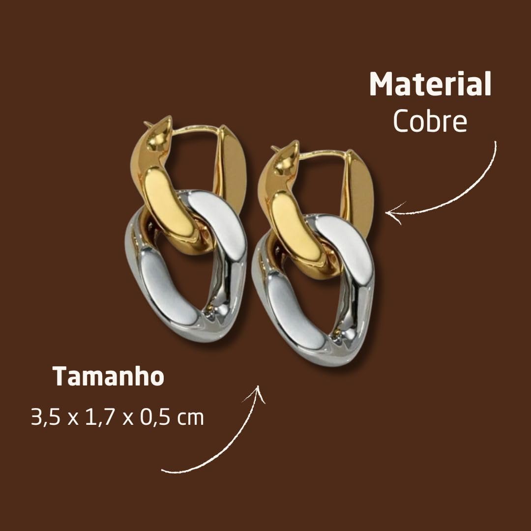 Brinco Feminino "Duo Color" – Design Moderno Bicolor em Prata e Dourado, Semijoia Sofisticada em Cobre – Estilo Versátil e Elegante – Acompanha Bolsa de Veludo