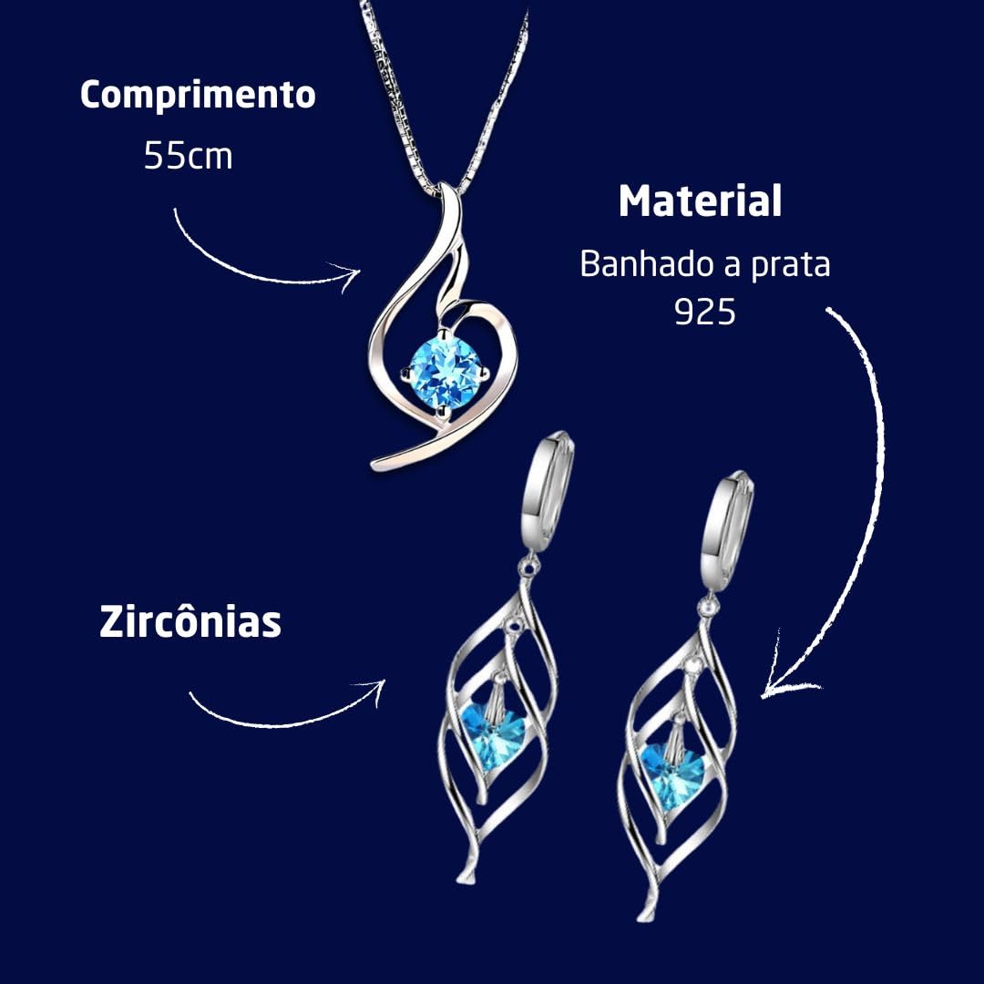 Conjunto Feminino "Esterlina Blue" com Colar e Brincos Banhados em Prata 925 – Semijoia com Pingentes de Zircônia Azul em Formato de Coração – Elegância e Sofisticação para o Dia a Dia