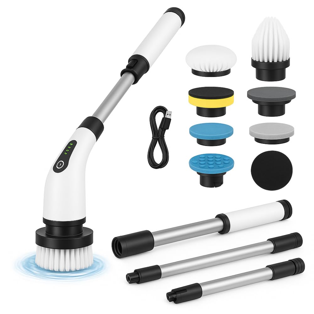 Mop Escova de Limpeza Elétrica Giratória 360°, 9 em 1, Recarregável, com Cabo Ajustável, 9 Cabeças Substituíveis, para Limpeza de Casa