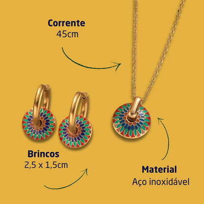 Conjunto Feminino ¨Talavera¨ em Aço Inoxidável – Brincos com Pingente Removível, Corrente 45cm – Cores Vibrantes, Estilo e Versatilidade – Acompanha Bolsa de Veludo