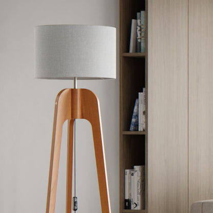UNIDECOR CASA Luminária Abajur de Chão Tripé Tradicional Madeira Maciça Cúpula de Tecido Linho
