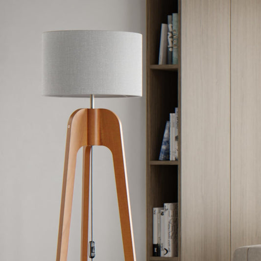 UNIDECOR CASA Luminária Abajur de Chão Tripé Tradicional Madeira Maciça Cúpula de Tecido Linho