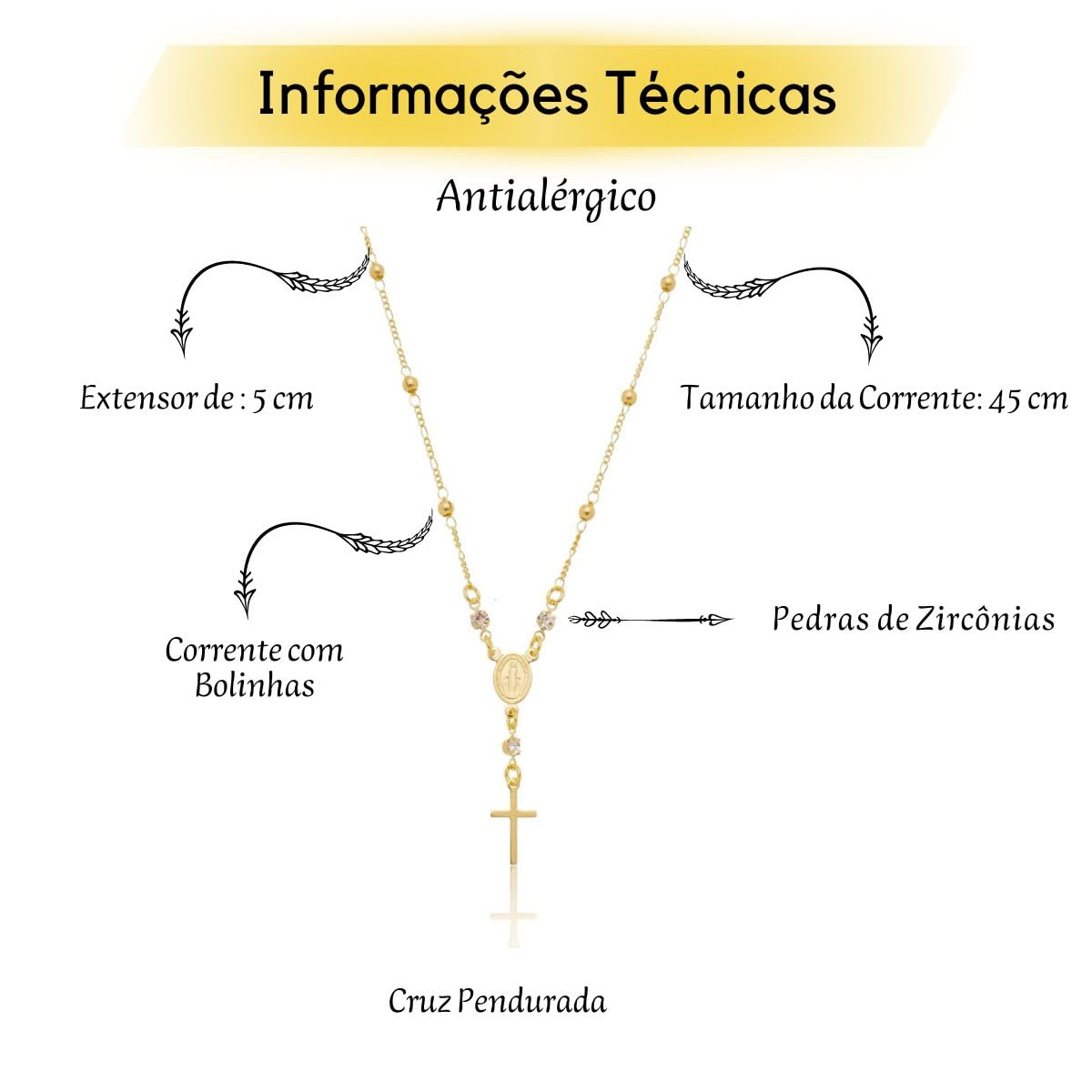Colar de Terço com Cruz Semi Joias Banhado a Ouro 18k Acessório de Fé e Sofisticação Perfeito para Ocasiões Especiais Beleza e Durabilidade - Stella