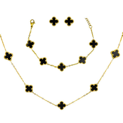 Kit Colar Choker Pulseira E Brinco Trevo Preto Gargantilha Sorte Luxo Elegante Virginia Aço Inox Dourado Inspire by Adriana