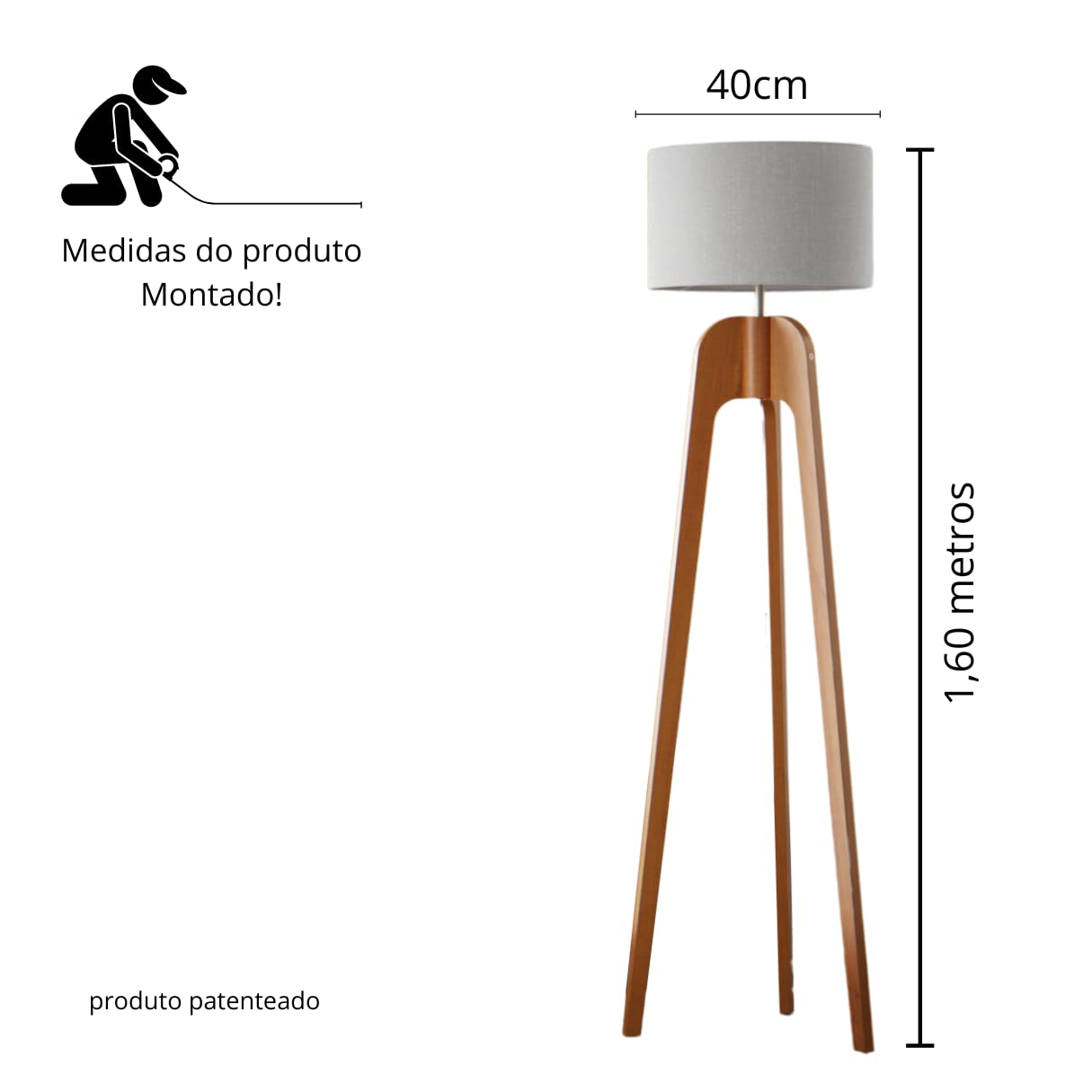 UNIDECOR CASA Luminária Abajur de Chão Tripé Tradicional Madeira Maciça Cúpula de Tecido Linho