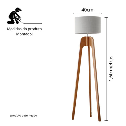 UNIDECOR CASA Luminária Abajur de Chão Tripé Tradicional Madeira Maciça Cúpula de Tecido Linho