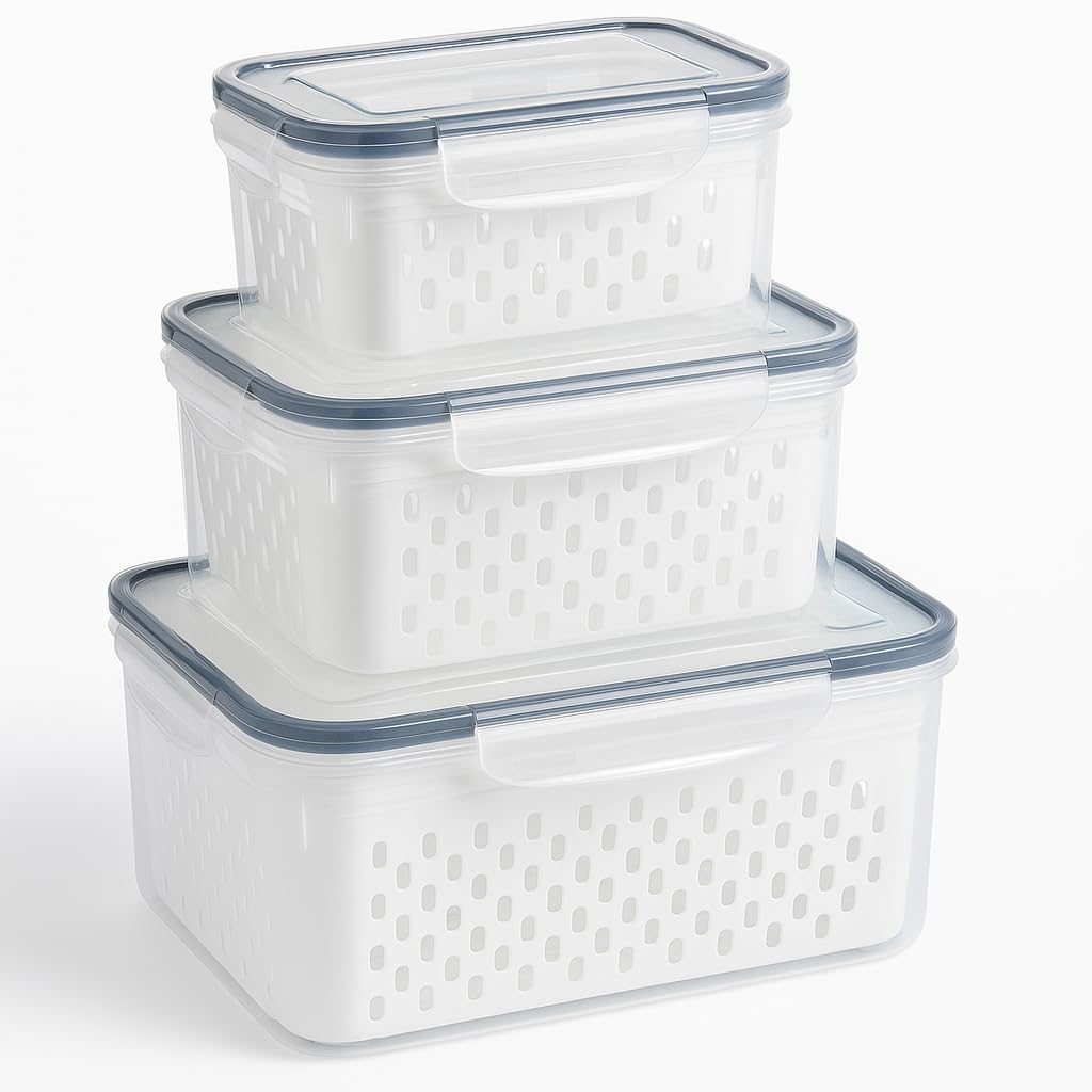 Kit 3 Potes Organizadores Herméticos para Geladeira com Cesto Escorredor, Trava nas Tampas, Sem BPA, Premium