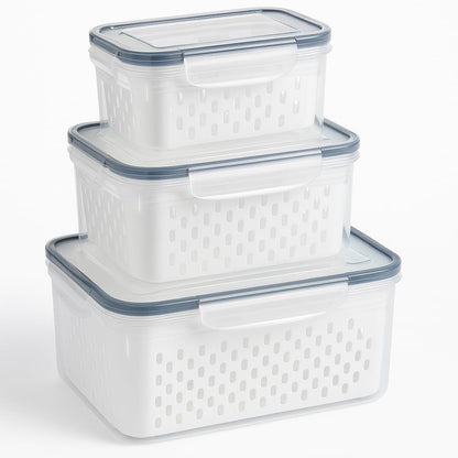 Kit 3 Potes Organizadores Herméticos para Geladeira com Cesto Escorredor, Trava nas Tampas, Sem BPA, Premium