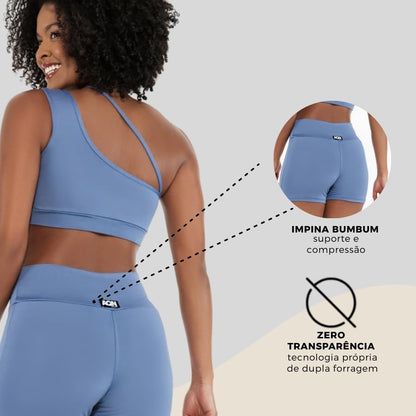 Conjunto Fitness Feminino Grace Alça Lateral com Top Forro Duplo e Short Cós Alto – Zero Transparência Alta Elasticidade e Tecnologia Anti Pilling – Brazilian Fitness AQN (Padrão, Azul Atalaia, GG)