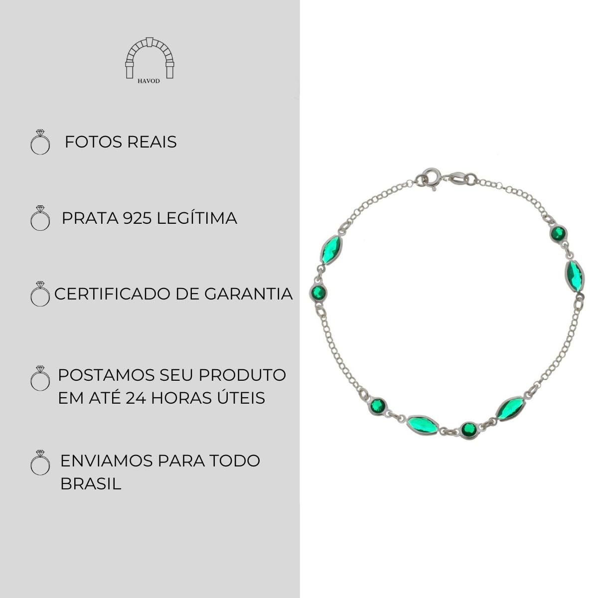 Pulseira Feminina Pontos de Luz Navete 19 cm Prata Hipoalergênica (Verde)