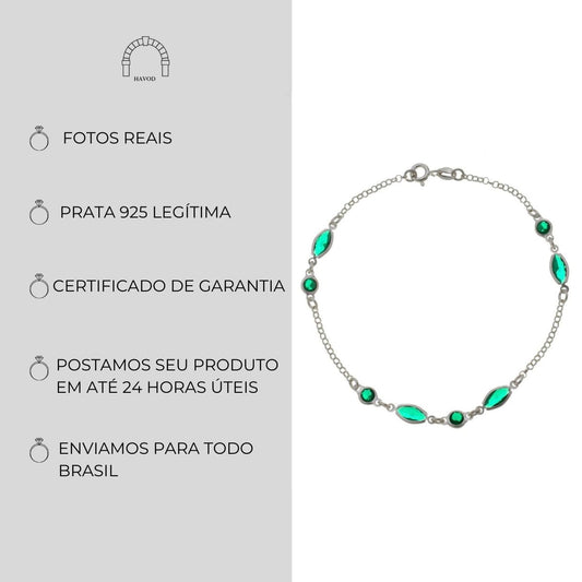 Pulseira Feminina Pontos de Luz Navete 19 cm Prata Hipoalergênica (Verde)