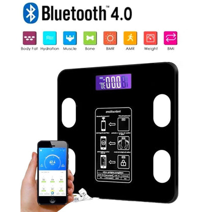 Balança Digital Bioimpedância Premium Bluetooth com App Saúde iOS Android para IMC Gordura Corporal Massa Muscular Massa Óssea Água Corporal Taxa Metabólica BMR Alta Precisão Vidro Temperado LED