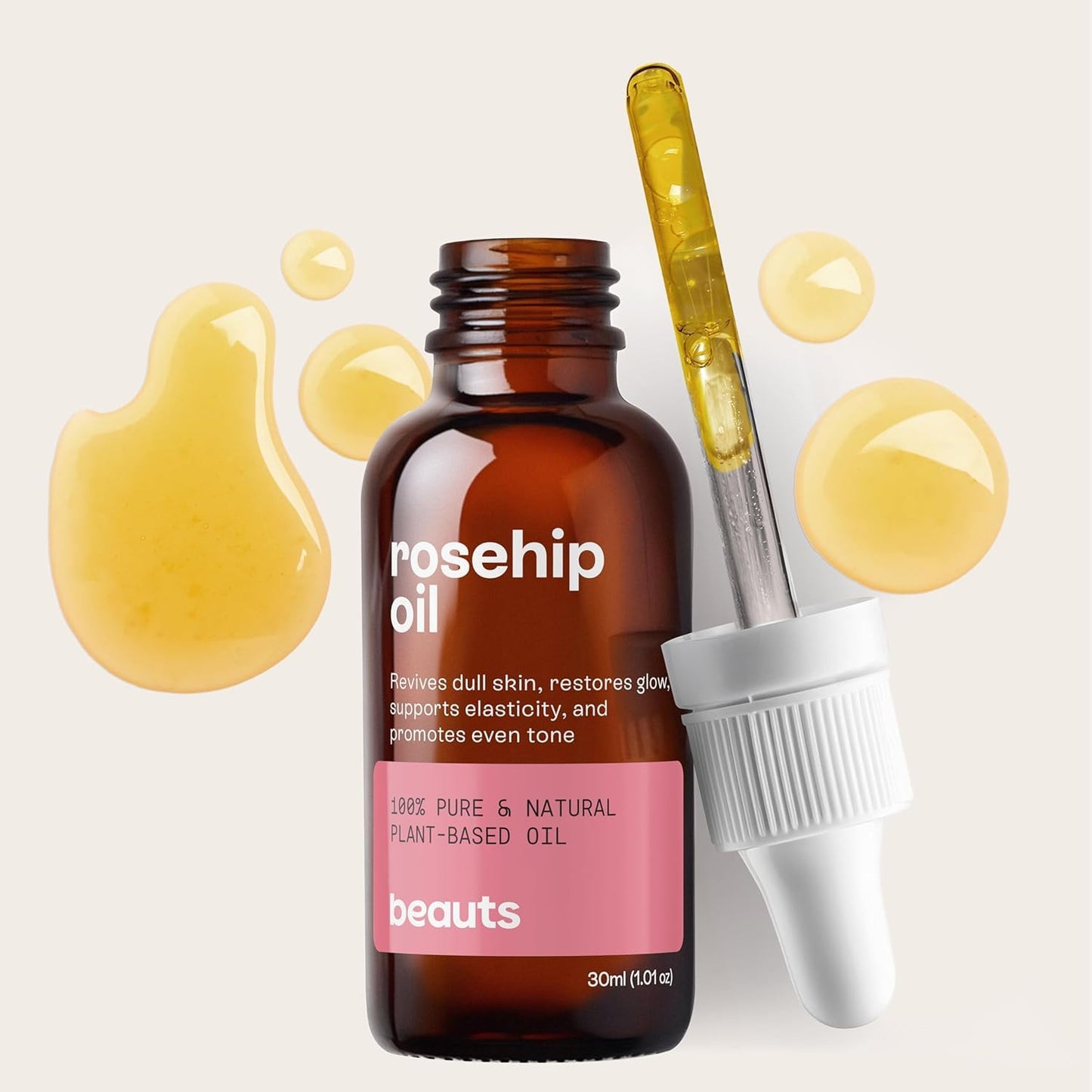 Óleo de Rosa Mosqueta - Puro, Uniformizador, Hidratante e Antioxidante - Para Manchas, Rugas, Estrias e Melhor Elasticidade - Uso Facial, Oleo Corporal e Cabelos - 100% Pura Natural Vegano - 30 mL Beauts