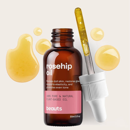 Óleo de Rosa Mosqueta - Puro, Uniformizador, Hidratante e Antioxidante - Para Manchas, Rugas, Estrias e Melhor Elasticidade - Uso Facial, Oleo Corporal e Cabelos - 100% Pura Natural Vegano - 30 mL Beauts
