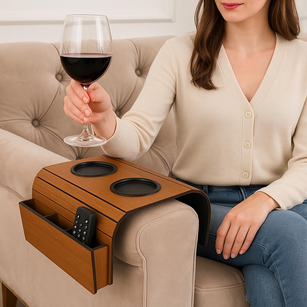 Kit 2 esteiras para braço de sofá com Bolacha de copos e porta controle material MDF protege seu sofá (1 esteira COM porta controle, 1 esteira simples, 4 Suporte copos)