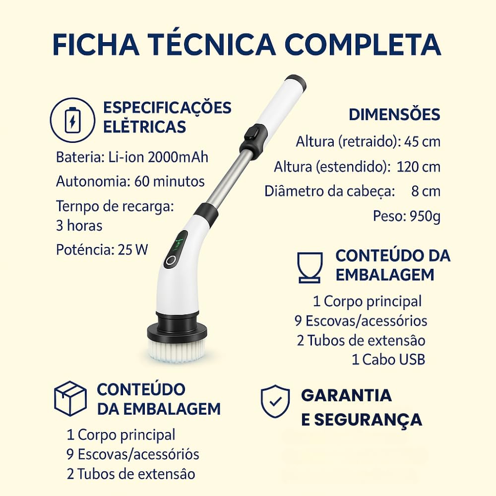 Mop Escova de Limpeza Elétrica Giratória 360°, 9 em 1, Recarregável, com Cabo Ajustável, 9 Cabeças Substituíveis, para Limpeza de Casa