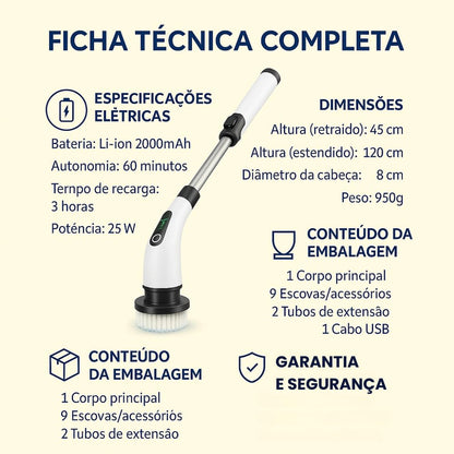 Mop Escova de Limpeza Elétrica Giratória 360°, 9 em 1, Recarregável, com Cabo Ajustável, 9 Cabeças Substituíveis, para Limpeza de Casa