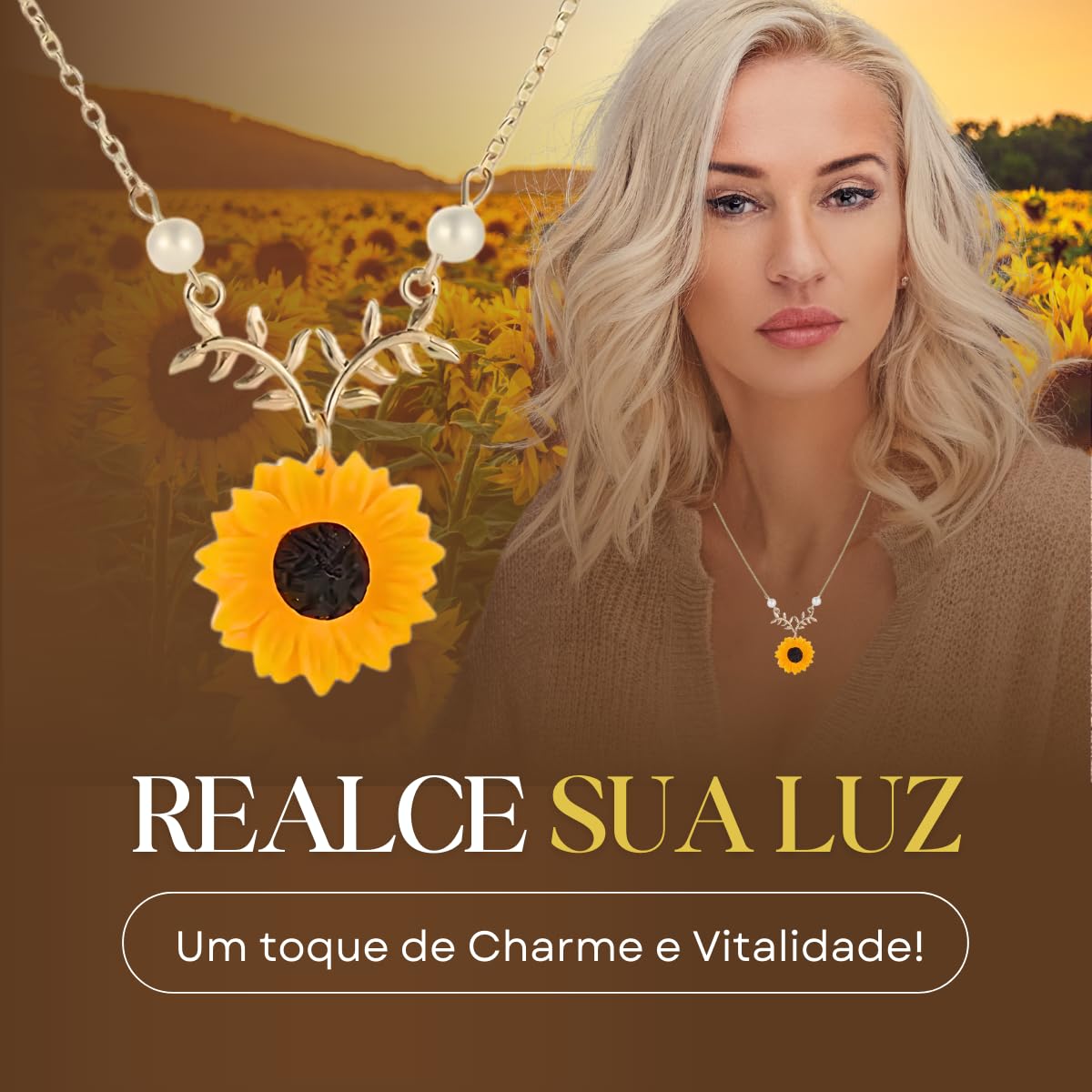 Colar Feminino "Sunshine" Girassol em Cobre Banhado a Ouro 51cm Ajustável – Significado, Estilo e Elegância - Acompanha Bolsa de Veludo