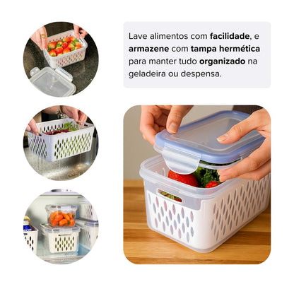 Kit 3 Potes Organizadores Herméticos para Geladeira com Cesto Escorredor, Trava nas Tampas, Sem BPA, Premium