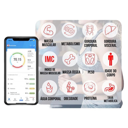 Balança Digital Bioimpedância Premium Bluetooth com App Saúde iOS Android para IMC Gordura Corporal Massa Muscular Massa Óssea Água Corporal Taxa Metabólica BMR Alta Precisão Vidro Temperado LED