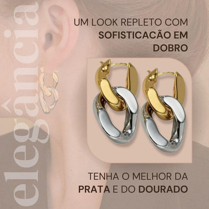 Brinco Feminino "Duo Color" – Design Moderno Bicolor em Prata e Dourado, Semijoia Sofisticada em Cobre – Estilo Versátil e Elegante – Acompanha Bolsa de Veludo