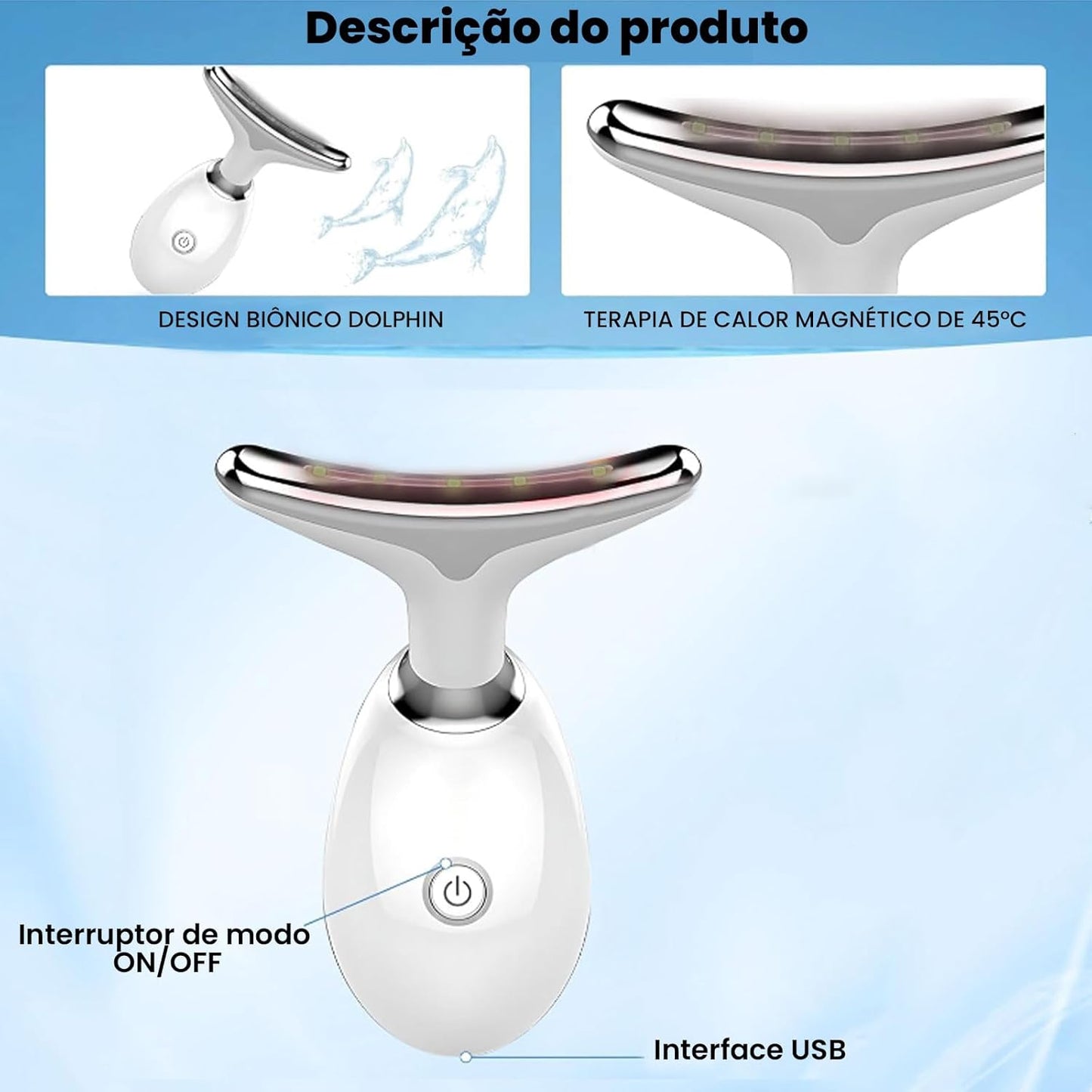 Massageador Facial 3 Modos Pescoço Tratamento Terapia Recarregável